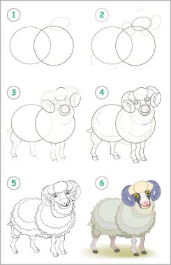 Sayfa nasıl adım adım şirin bir yerli erkek koyun çizmek öğrenmek için gösterir. Çizim ve boyama için çocuklar becerilerini geliştirmek. Vektör görüntü.