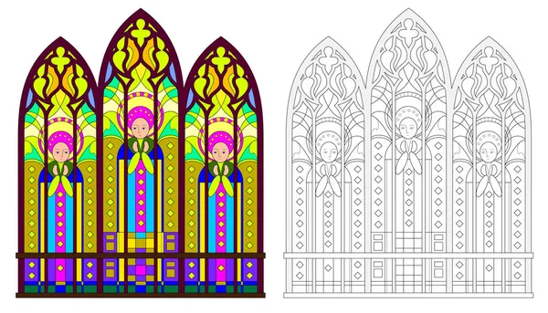 Modèle Coloré Noir Blanc Vitrail Gothique Avec Des Portraits Saints — Image vectorielle