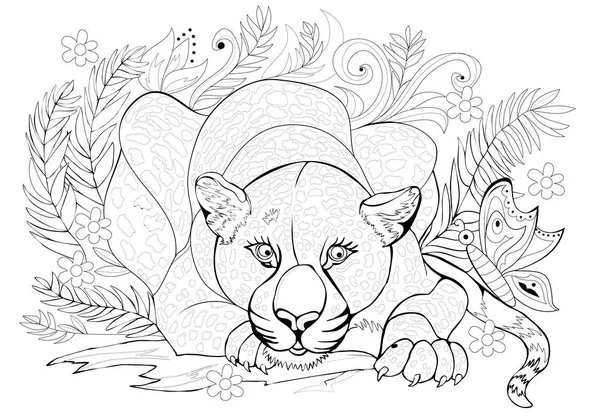 Black White Page Coloring Book Fantasy Drawing Beautiful Cheetah Jungle — Stock Vector