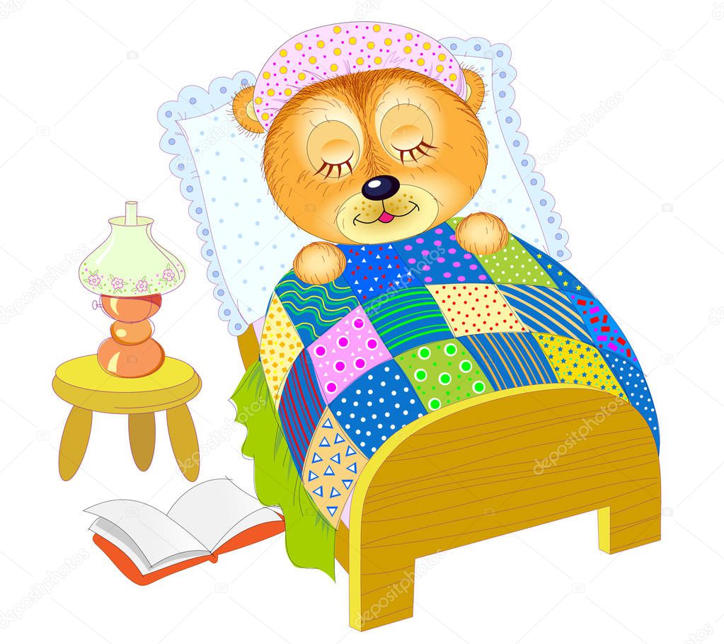 Illustration for baby book. Little teddy bear sleeping at night in his bed after reading. vector cartoon image. Good night. Hand-drawn vector cartoon image.