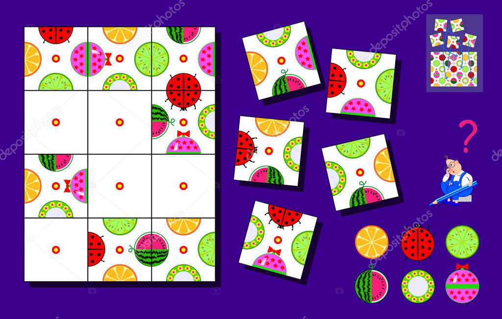 Logic puzzle game for children and adults. Need to find places for remaining squares and draw objects correctly. Page for brainteaser book. Developing spatial thinking. Back to school. Vector cartoon image.