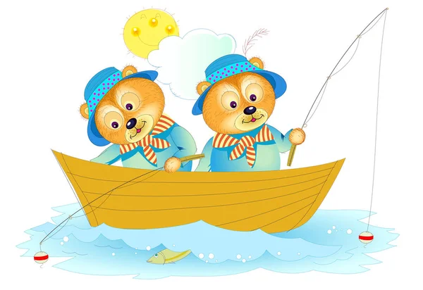 Fantasy Ábra Két Aranyos Kis Viseli Halászati Kiterjed Gyermekek Könyv — Stock Vector