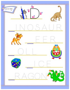 D harfi çalışma İngilizce alfabe için izleme. Çocuklar için çalışma. Mantık bulmaca oyunu. Anaokulu için eğitim sayfası. Çocuklar için okuma ve yazma becerilerini geliştirmek. Vektör çizgi film resim.