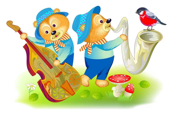 Illustration Von Zwei Niedlichen Kleinen Bären Die Musikinstrumente Spielen Plakat — Stockvektor