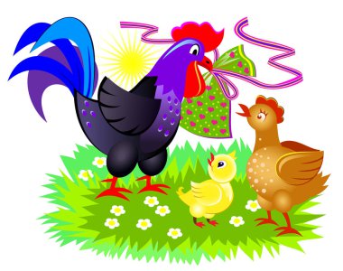 Sevimli tavuk aile Illustration. Paskalya tebrik kartı. Çocuk kitabı için kapak. Anne, baba ve bebek. Horoz hediye veriyor. Vektör çizgi film resim.