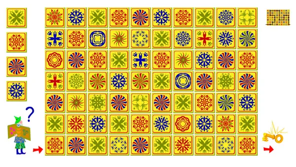 逻辑益智游戏与迷宫为儿童和成人 帮助向导找到通往密钥的方法 仅使用4个魔法磁贴 并垂直或水平绘制线条 矢量卡通形象 — 图库矢量图片