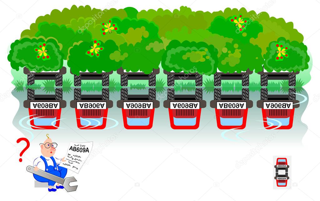 Logic puzzle game for children and adults. Help the worker find the car he have to repair. Where is correct reflection of number plate? Developing spatial thinking. Vector  cartoon image.