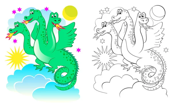 Ilustracja Cute Dragon Kolorowe Czarno Białe Strona Dla Kolorowanka Nadający — Wektor stockowy