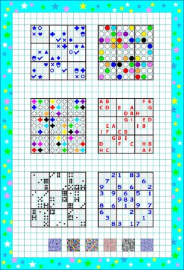Mantık Sudoku oyunu. Farklı düzey bulmacalar kümesi. Kare kağıt eğitim sayfa. Çocuklar ve yetişkinler için yazdırılabilir çalışma. Yazma ve sayma becerilerini geliştirmek. Vektör görüntü.