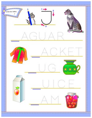 J harfi çalışma İngilizce alfabe için izleme. Çocuklar için yazdırılabilir çalışma. Mantık bulmaca oyunu. Anaokulu için eğitim sayfası. Çocuklar için okuma ve yazma becerilerini geliştirmek. Vektör çizgi film resim.