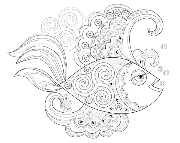 Página Blanco Negro Para Colorear Libro Dibujo Fantasía Hermosos Peces — Vector de stock