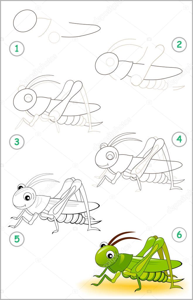 Educational page for kids shows how to learn step by step to draw a cute cricket. Back to school. Developing children skills for drawing and coloring. Vector cartoon image.