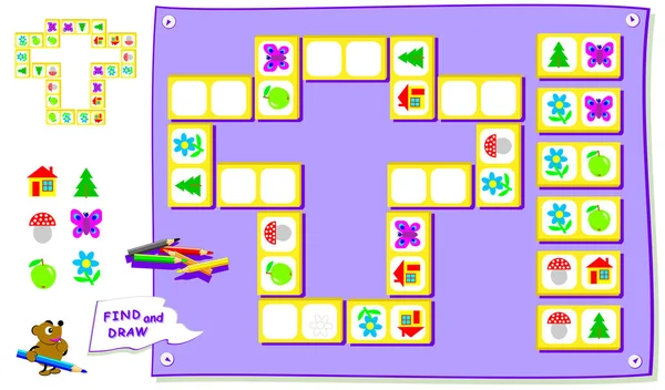 逻辑益智游戏的孩子 需要找到每个多米诺骨牌细节的地方 并绘制对象 学校教科书的工作表 回学校去培养儿童的空间思维能力 矢量卡通形象 — 图库矢量图片