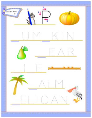 Tracing letter P for study English alphabet. Printable worksheet for kids. Logic puzzle game. Education page for kindergarten. Developing children skills for writing and reading. Vector cartoon image.