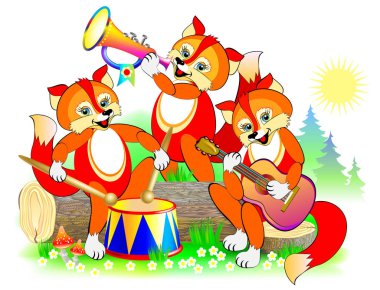 Resimde üç sevimli küçük orkestrada müzik aletleri oynamaya tilki. Bebek kitap için kapak. Vektör çizgi film resim.