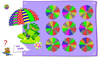 Mantık bulmaca oyunu çocuklar için. Şemsiye doğru üstten görünüm bulmalıyız. Okul ders kitabı sayfa yazdırılabilir. Çocuk uzamsal düşünme becerilerinin geliştirilmesi. Vektör çizgi film resim.