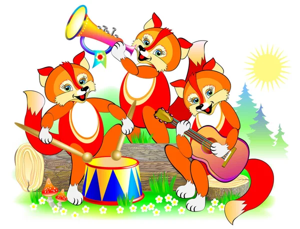 Resimde üç sevimli küçük orkestrada müzik aletleri oynamaya tilki. Bebek kitap için kapak. Vektör çizgi film resim.