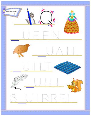 Harf Q çalışma İngilizce alfabe için izleme. Çocuklar için yazdırılabilir çalışma. Mantık bulmaca oyunu. Anaokulu için eğitim sayfası. Çocuklar için okuma ve yazma becerilerini geliştirmek. Vektör çizgi film resim.