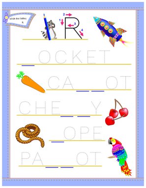 Harf R çalışma İngilizce alfabe için izleme. Çocuklar için yazdırılabilir çalışma. Mantık bulmaca oyunu. Anaokulu için eğitim sayfası. Çocuklar için okuma ve yazma becerilerini geliştirmek. Vektör çizgi film resim.