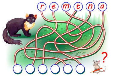 Mantık bulmaca için çalışma İngilizce oyun. Harf için doğru yer bulmak, onları ilgili çevrelerde okuyup yazmak kelime. Yazdırılabilir çalışma ders kitabı için. Okula dönüş. Vektör çizgi film resim.