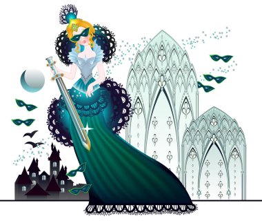 Fairyland Kraliçe fantasy Ortaçağ Türkiye içinde Illustration. Kapak çocuklar için masal yaptırın. Karnaval Festivali için poster. Vektör çizgi film resim.