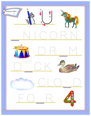 Harf U çalışma İngilizce alfabe için izleme. Anaokulu için eğitim sayfası. Çocuklar için çalışma. Mantık bulmaca oyunu. Çocuklar için okuma ve yazma becerilerini geliştirmek. Vektör çizgi film resim.