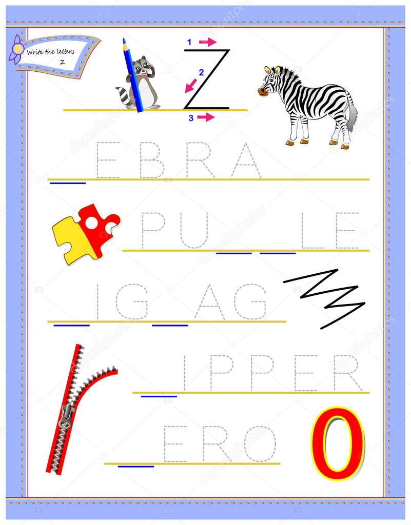 Tracing letter Z for study English alphabet. Education page for kindergarten. Worksheet for kids. Logic puzzle game. Developing children skills for writing and reading. Vector cartoon image.