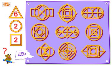 Mantık puzzle oyunu için çalışma geometri. 6 üçgenler, 2 kareler ve 2 daire içeren şekil bul. Çocuklar için yazdırılabilir eğitim sayfası. Geliştirme çocuk uzamsal düşünme becerileri. Vektör çizgi film resim.