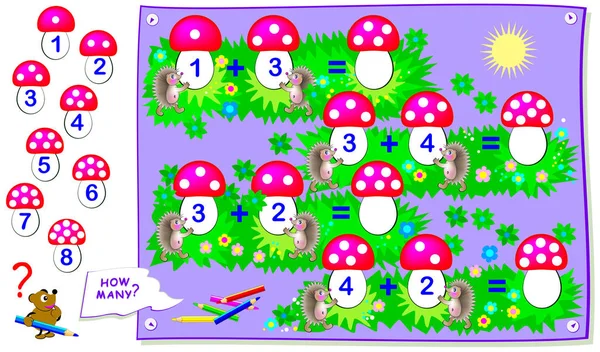 可打印的教育页面为孩子们与练习在加法 解决例子 数点的数量 在蘑菇上写数字 回学校去婴儿教科书的工作表 矢量卡通形象 — 图库矢量图片