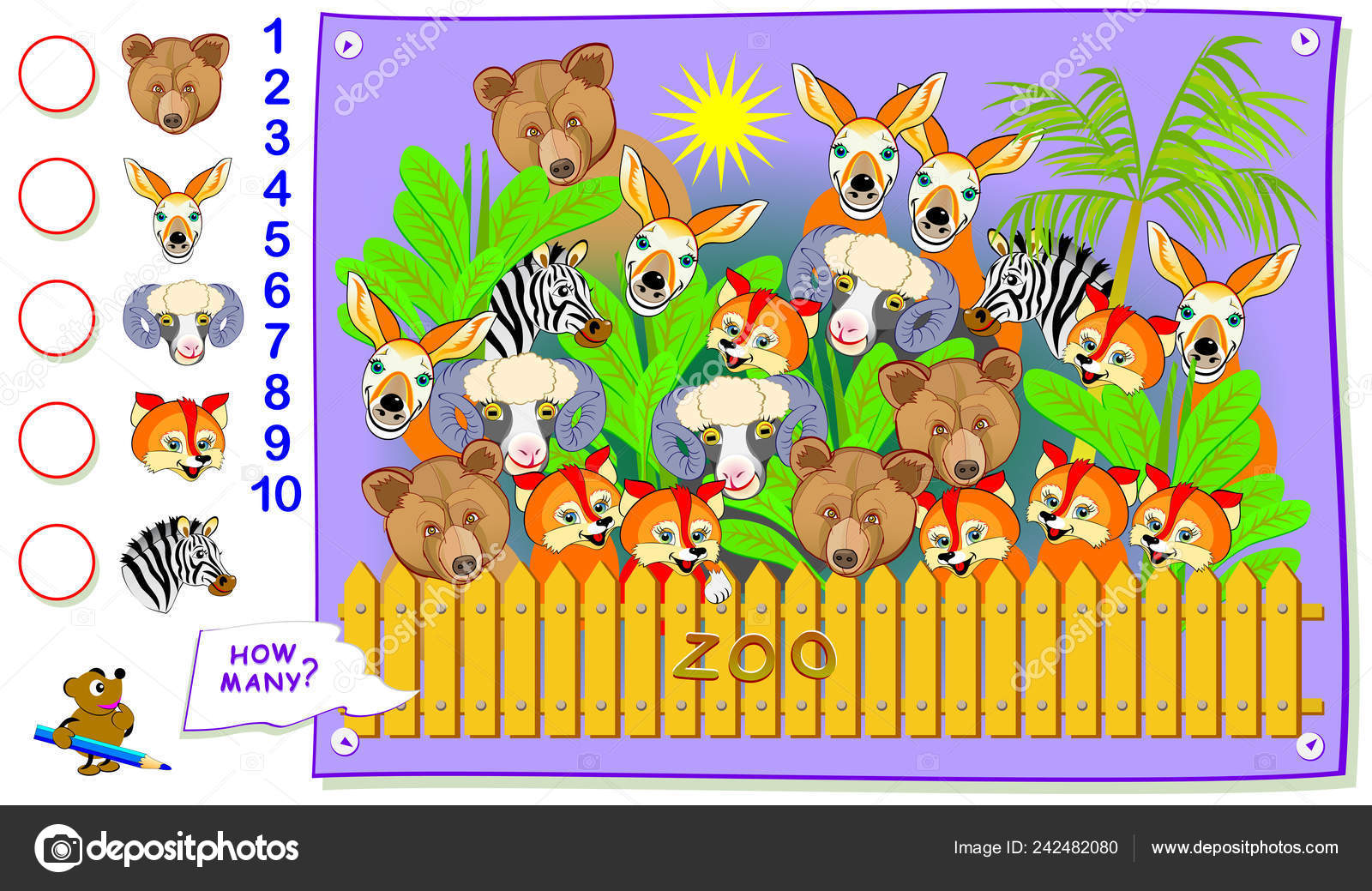 Druckbare Bildungsseite Für Kinder Wie Viele Tiere Gibt Zoo Zählen  Stock-Vektorbild von ©Nataljacernecka 242482080, image size:1600x1039
