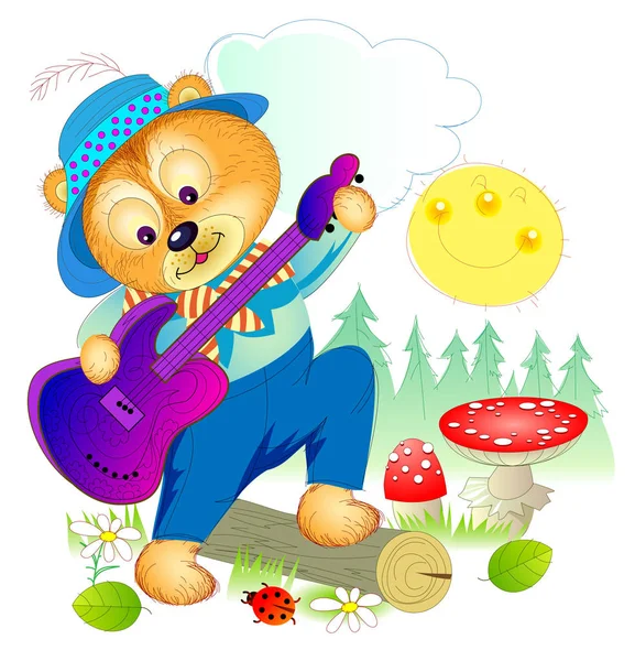 Ilustración Lindo Osito Tocando Guitarra Bosque Cubierta Para Libro Niños — Vector de stock