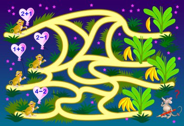 Toplama ve çıkarma çocuklar için eğitim sayfası. Örnekler çözmek, muz miktarı saymak ve maymunlar ağaçlara kadar gelen yol çizin. Çocuklar için yazdırılabilir matematik çalışma.