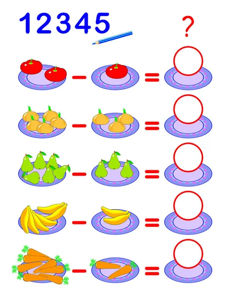 빼기에 어린이 페이지입니다 예제를 야채는 과일의 번호를 교과서에 가능한 워크시트 — 스톡 벡터