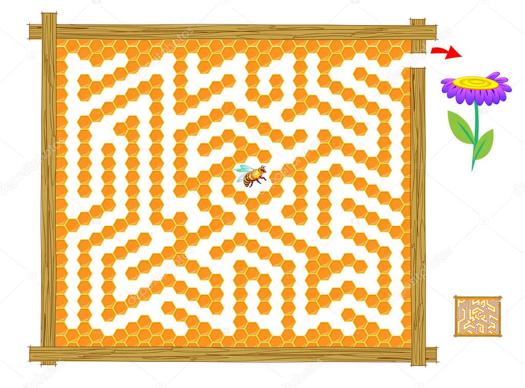Logic puzzle game with labyrinth for children and adults. Help the bee find the way out of the honeycomb till flower and draw the line. Printable worksheet for baby book. Vector cartoon image.
