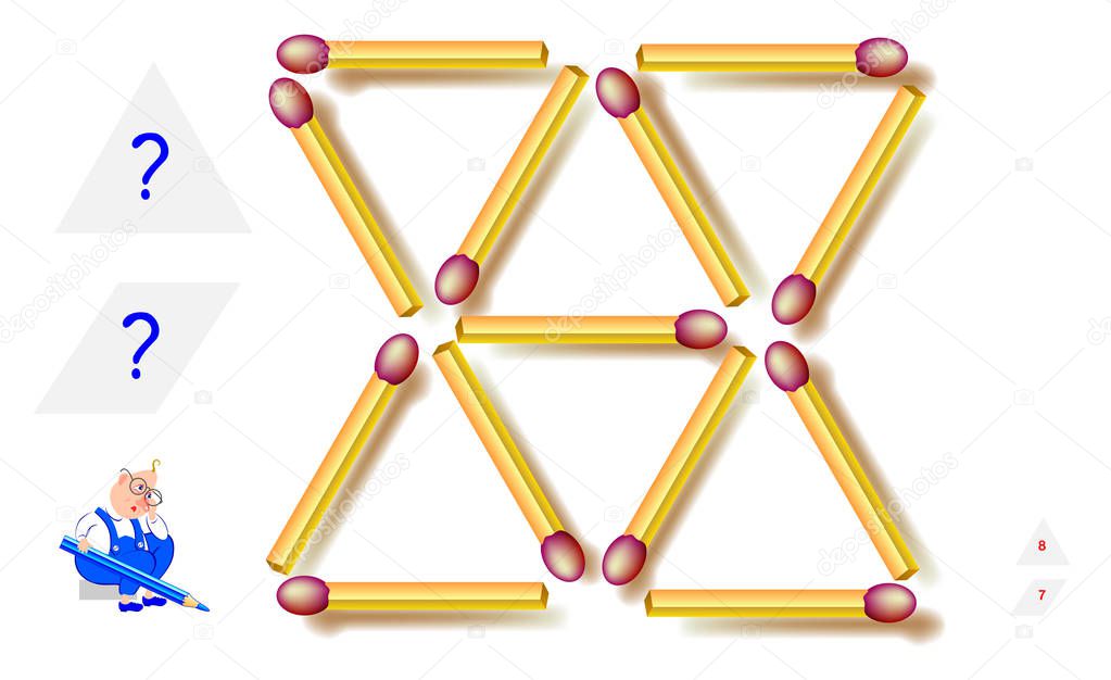 Logic puzzle game. How many triangles and rhombuses can you find in matchstick pattern? Count the quantity. Printable page for brain teaser book. Development spatial thinking skills. Vector image.