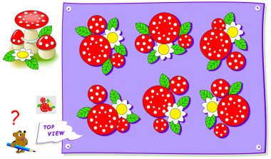 Mantık bulmaca oyunu çocuklar için. Mantar doğru üstten görünüm bulmalıyız. Okul ders kitabı sayfa yazdırılabilir. Çocuk uzamsal düşünme becerilerinin geliştirilmesi. Vektör çizgi film resim.