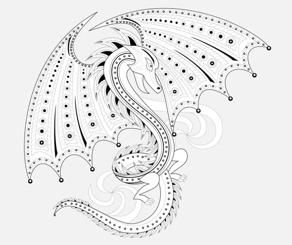 Black White Page Coloring Book Fantasy Drawing Fairyland Dragon Pattern — Stock Vector