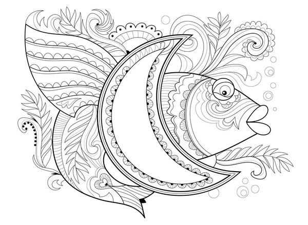 Black White Page Coloring Book Fantasy Drawing Fairyland Fish Moon — Stock Vector