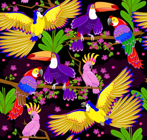 Adorno Patrón Sin Costuras Con Pájaros Tropicales Fantasía Esparcidos Selva — Vector de stock