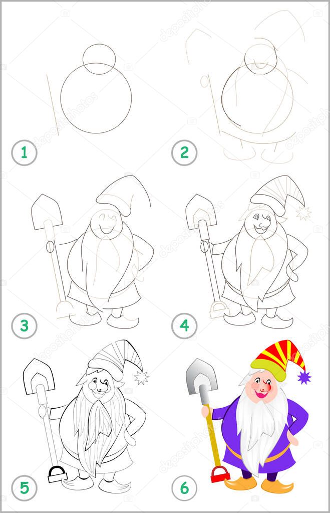 Page shows how to learn step by step to draw cute gnome. Developing children skills for drawing and coloring. Back to school. Printable worksheet. Vector cartoon image.