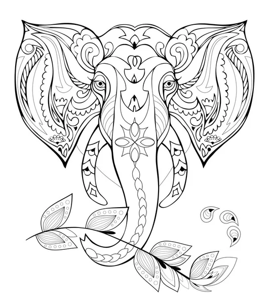 Stiliserade Elefant Huvud Svart Och Vit Sida För Målarbok Mönster — Stock vektor