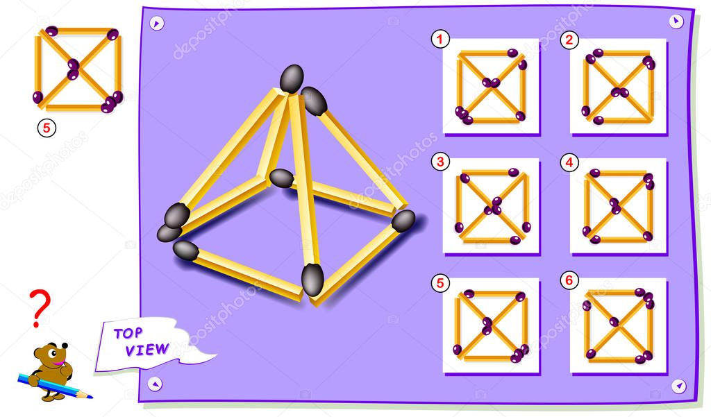 Logic puzzle game for kids. Need to find correct top view of pyramid of matches. Printable page for brainteaser book. Development of children spatial thinking skills. Vector cartoon image.