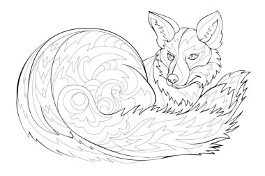 Stilize şirin fox. Boyama kitabı için siyah ve beyaz sayfa. Modern baskı, logo, nakış, kına, Mehndi, dövme ve dekorasyon için şablon. Bilgisayar grafik tablet tarafından çizilmiş vektör görüntü.