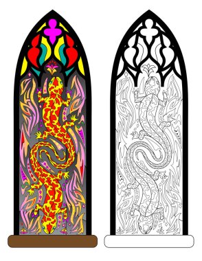 Colorful and black and white pattern of Gothic stained glass window with salamander in fire flame. Worksheet for coloring book for children and adults. Vector image. clipart