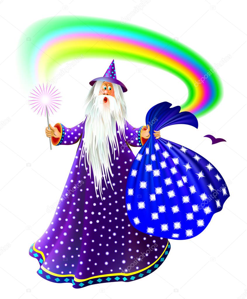 Illustration of wizard with magic wand and sac. Book cover for children fairy tale. Modern print. Vector cartoon image.