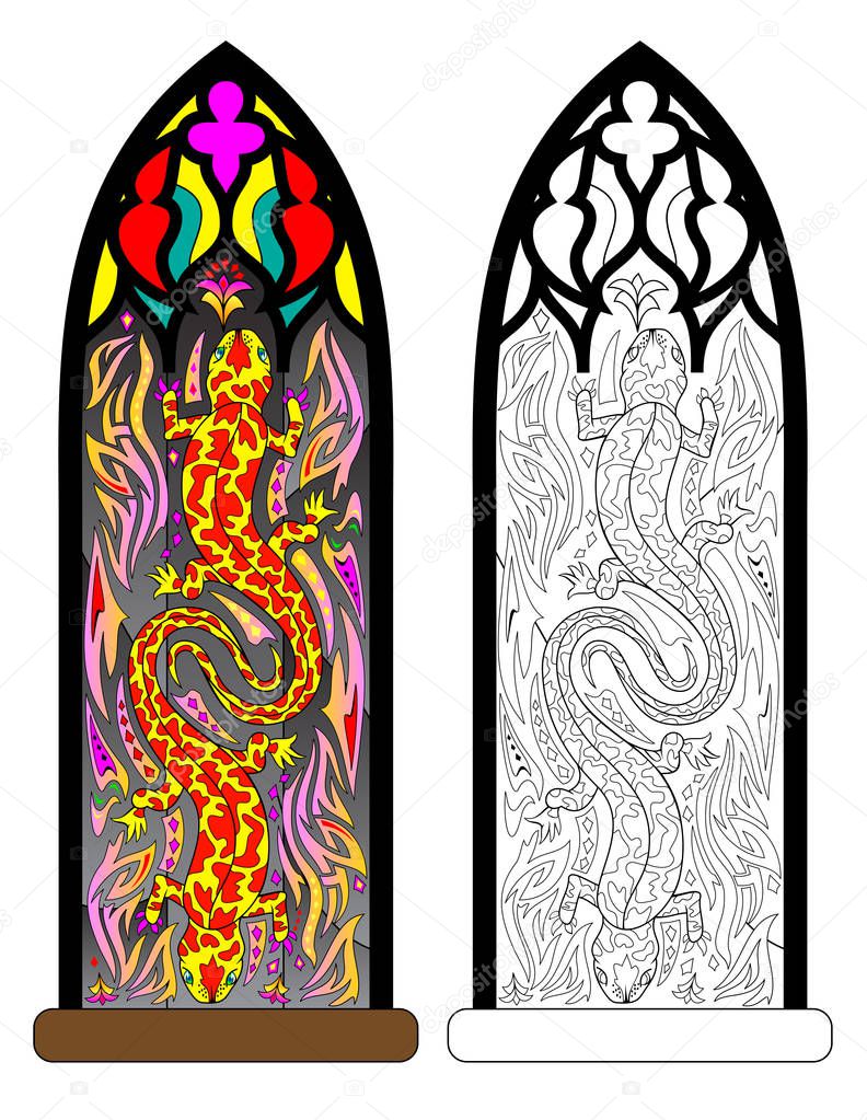 Colorful and black and white pattern of Gothic stained glass window with salamander in fire flame. Worksheet for coloring book for children and adults. Vector image.