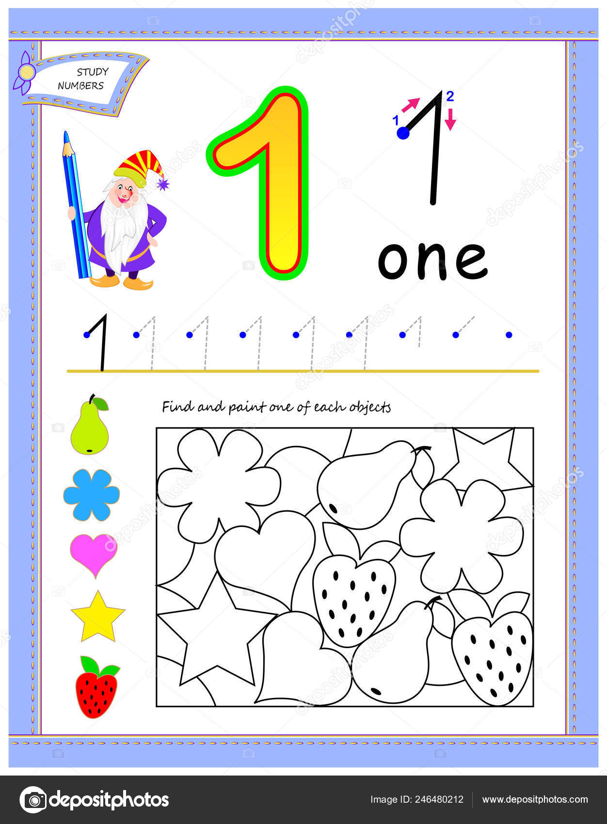 educational page kids number find paint one each objects printable stock vector image by c nataljacernecka 246480212
