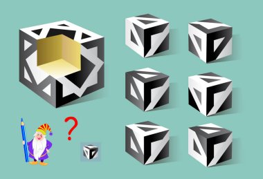 Logic puzzle game for children and adults. Find the correct detail which fell out of the cube. Printable page for brainteaser book. Developing spatial thinking. Vector cartoon image. clipart