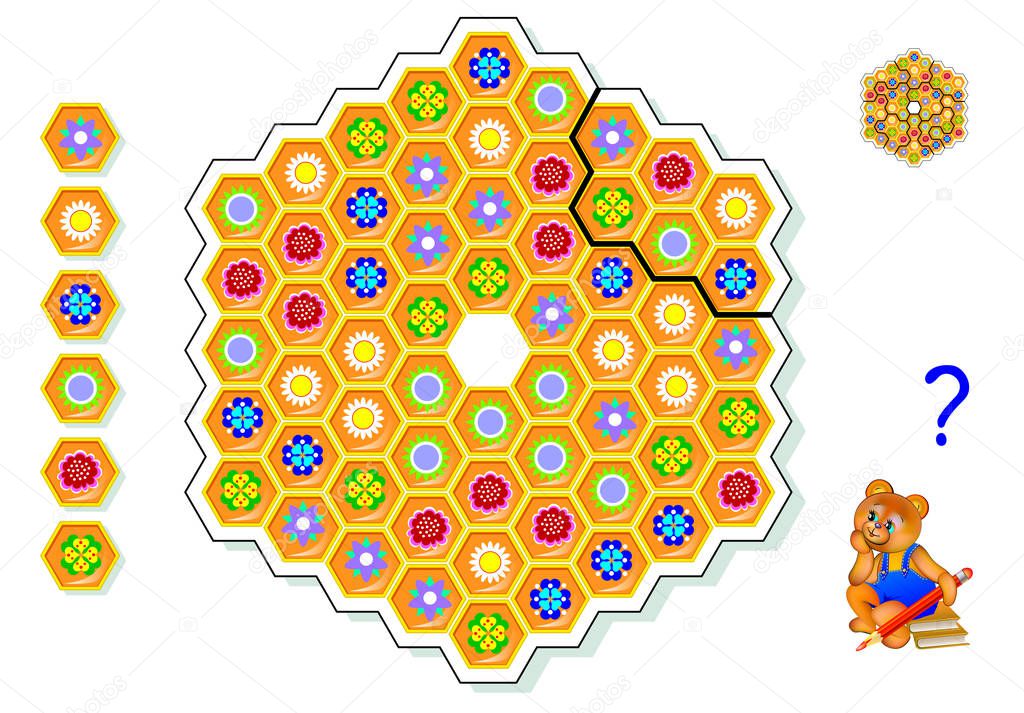 Logic puzzle game for children. Need to draw lines in honeycomb so that every figure has 6 different flowers. Back to school. Developing skills of counting and spatial thinking. Vector cartoon image.