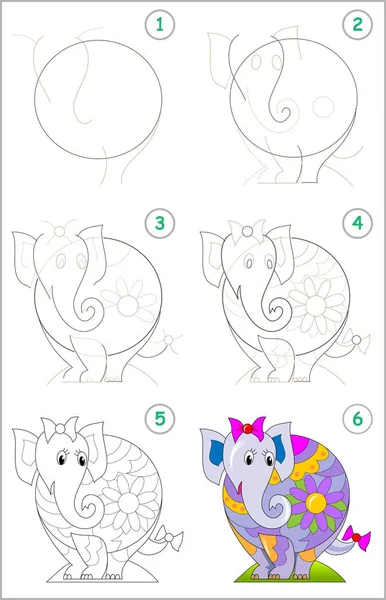 かわいい小さな象を描画する順を追って学習する子供のための教育のページに示します 学校に戻る描画と着色の子供たちの能力を開発します ベクトル漫画画像 — ストックベクタ